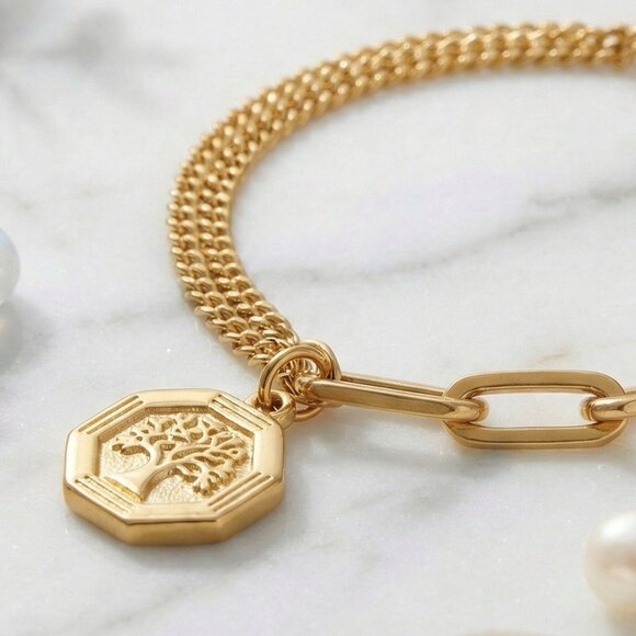 18K Gold Plated Stainless Steel Tree of Life Charm Paperclip Chain Bracelet - Picture 6 of 15